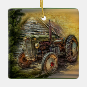 Vintage Green Tractor Rustic Old Barn Ceramic Ornament