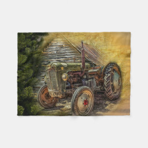 Vintage Green Tractor Rustic Old Barn Fleece Blanket