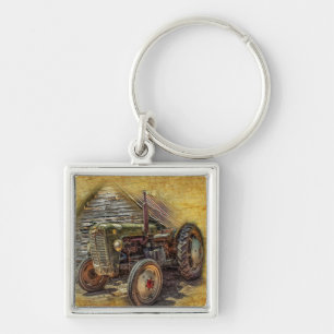 Vintage Green Tractor Rustic Old Barn Keychain