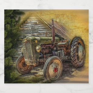 Vintage Green Tractor Rustic Old Barn Sparkling Wine Label