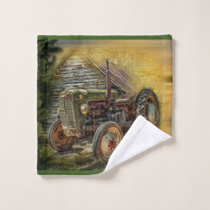 Vintage Green Tractor Rustic Old Barn Wash Cloth