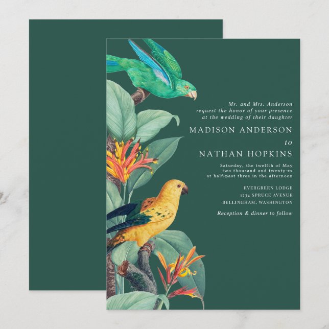 Vintage Green Tropical Bird Wedding Invitation (Front/Back)
