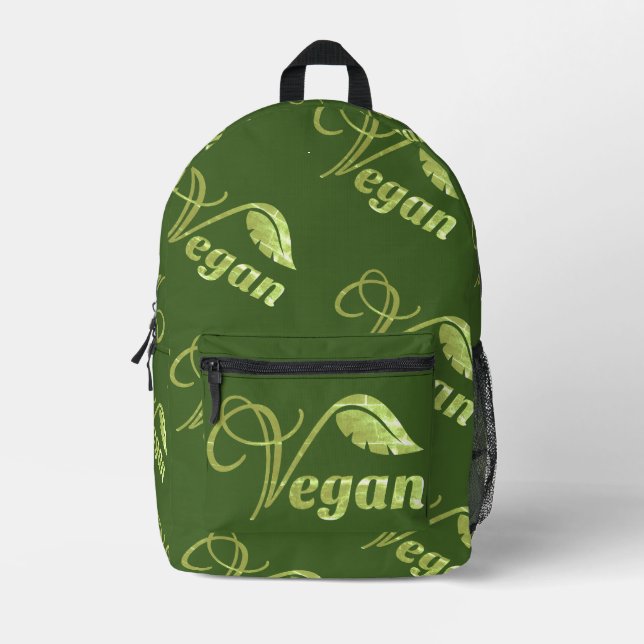Vintage Green Vegan Logo Leaf  Printed Backpack (Front)