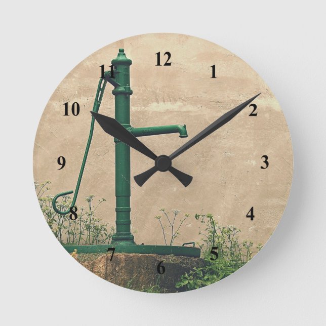Vintage Green Water Pump Photo Round Clock (Front)