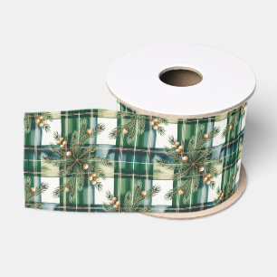 Vintage Green White Gingham Pattern Grosgrain Ribbon