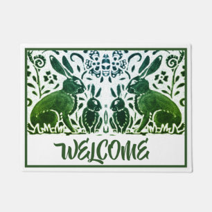 Vintage Green White Rabbit Hare Foliage Welcome Doormat