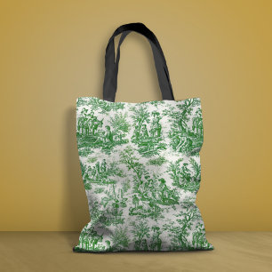 Vintage green white toile de jouy printed  tote bag