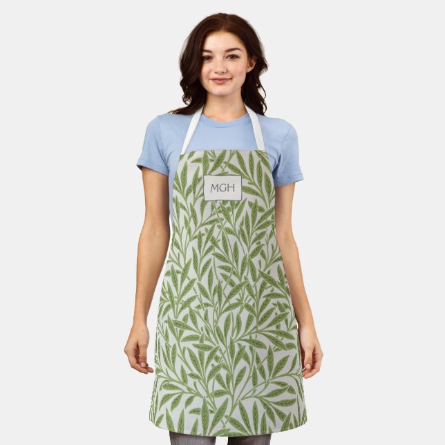 Vintage Green Willow Leaves Monogram Apron (Worn)