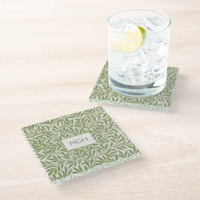 Vintage Green Willow Leaves Monogram Glass Glass Coaster (Angled)