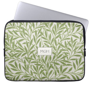 Vintage Green Willow Leaves Monogram Laptop Sleeve