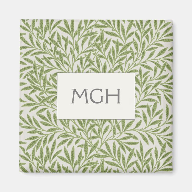 Vintage Green Willow Leaves Monogram Magnet (Front)