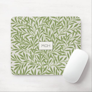 Vintage Green Willow Leaves Monogram Mouse Pad