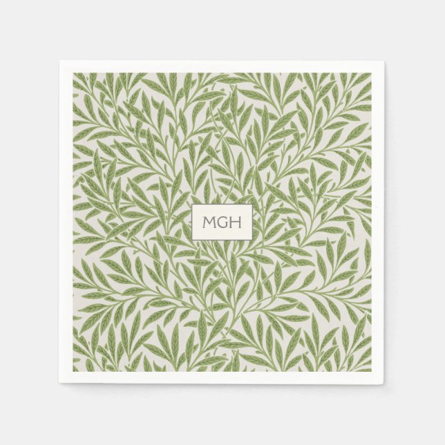 Vintage Green Willow Leaves Monogram Napkin (Front)