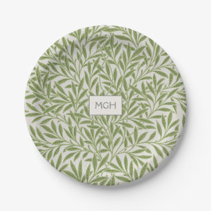 Vintage Green Willow Leaves Monogram Paper Plate