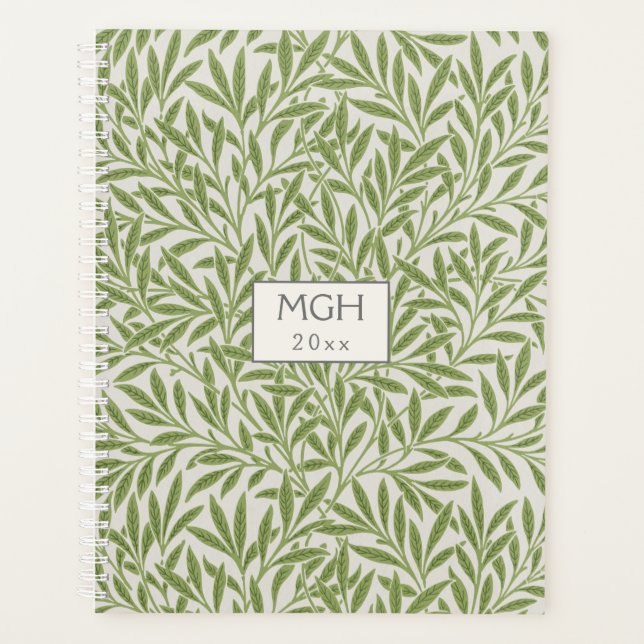 Vintage Green Willow Leaves Monogram Planner (Front)