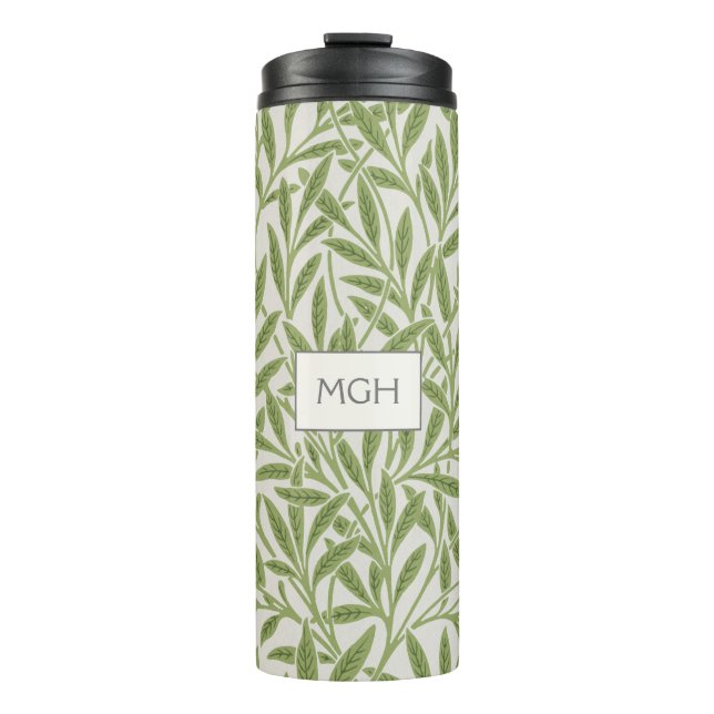 Vintage Green Willow Leaves Monogram Thermal Tumbler (Front)