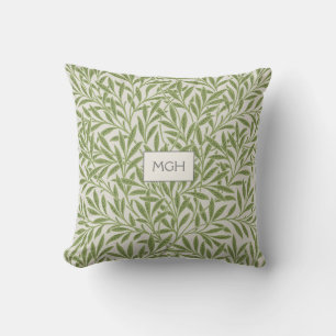 Vintage Green Willow Leaves Monogram Throw Pillow