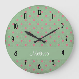 Vintage Green with Pink Polka Dots Pattern Large Clock