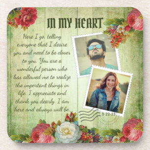 Vintage Green Wooden Floral Romantic Love Letter Coaster