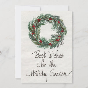 Vintage Green Wreath Best Wishes Painted  Holiday Card