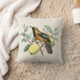 Vintage green yellow fruit branch brown bird throw pillow
