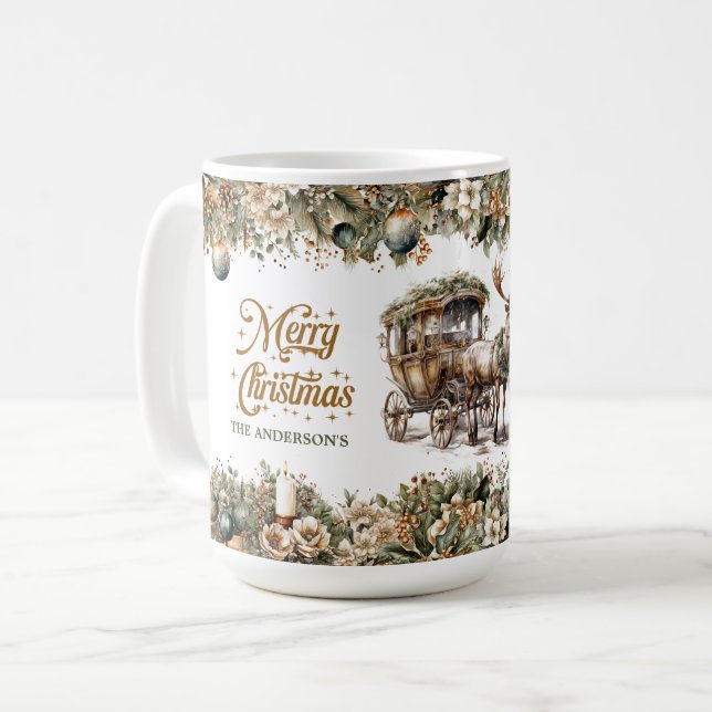 Vintage greenery reindeer and Christmas carriage Coffee Mug (Front Left)