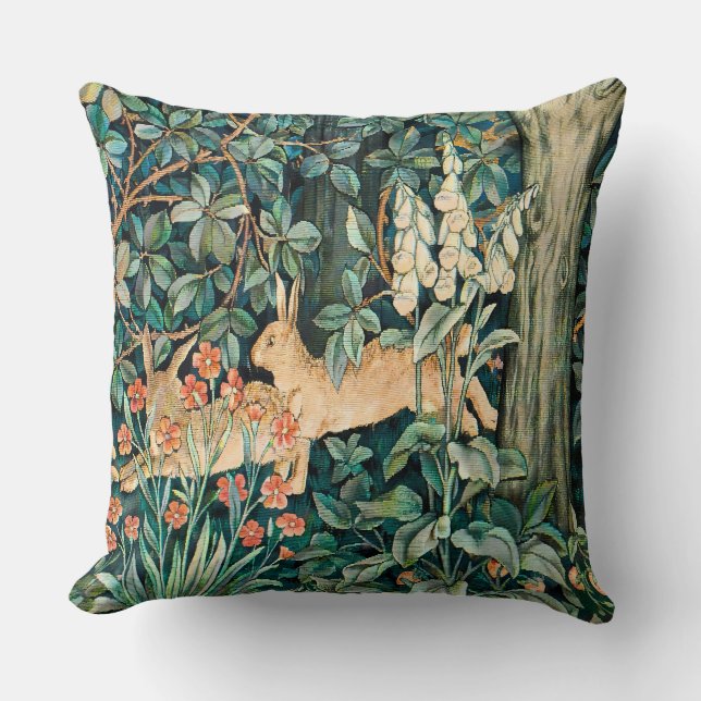 Vintage "Greenery" - Tree Flower & Rabbit Throw Pillow (Front)