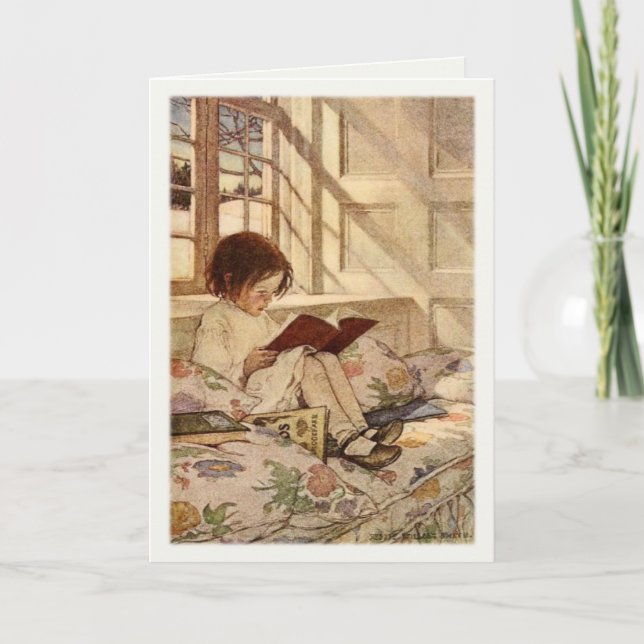 Vintage Greeting Card with Sweet Girl Reading (Front)