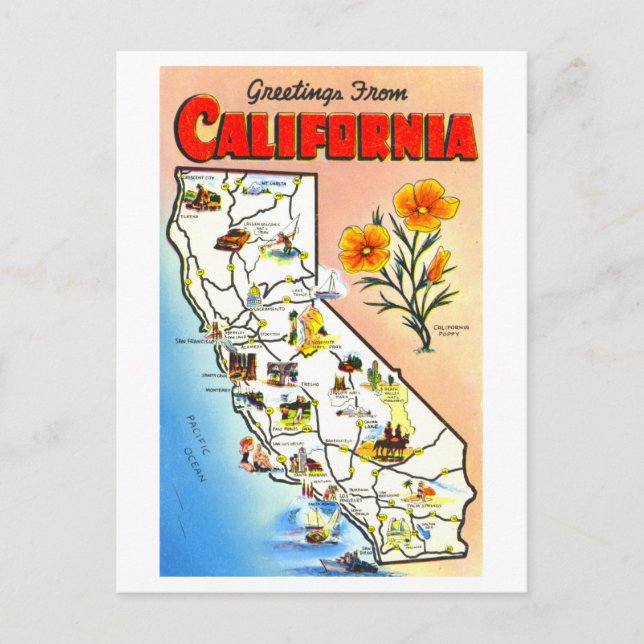 Vintage Greetings from California Map Postcard (Front)