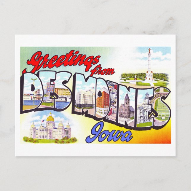 Vintage Greetings from Des Moines, Iowa, Postcard (Front)