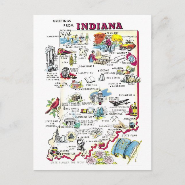 Vintage Greetings from Indiana Map Postcard (Front)