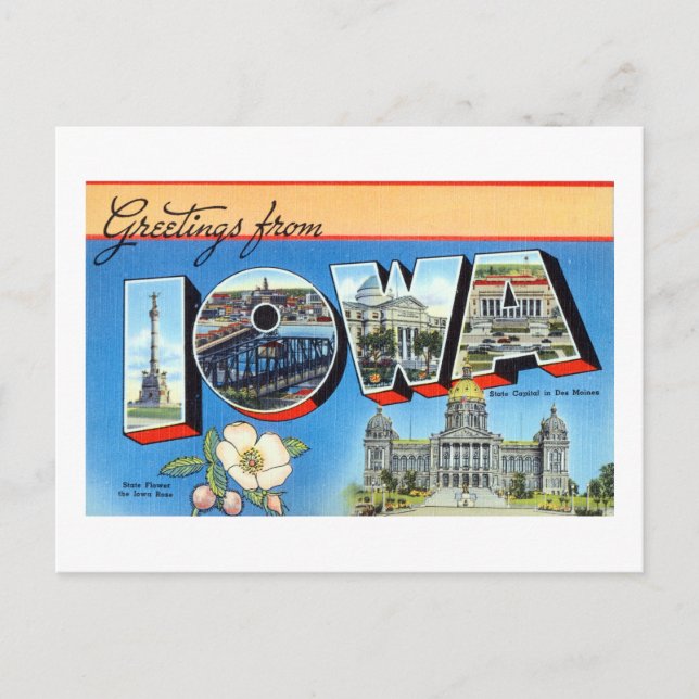 Vintage Greetings From Iowa Travel Poster Postcard (Front)