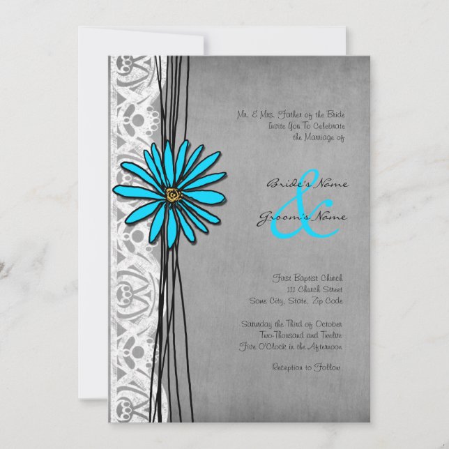 Vintage Grey and Blue Daisy Wedding Invitations (Front)