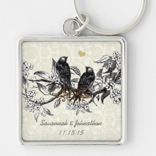 Vintage Grey Birds Hand Drawn Blooms Key Chain