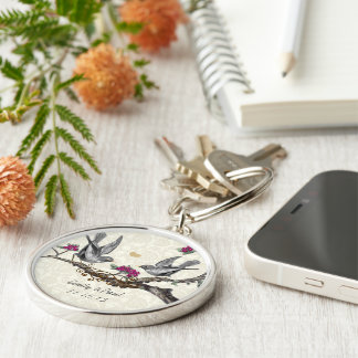 Vintage Grey Birds Plum Flowers Wedding Key Chain