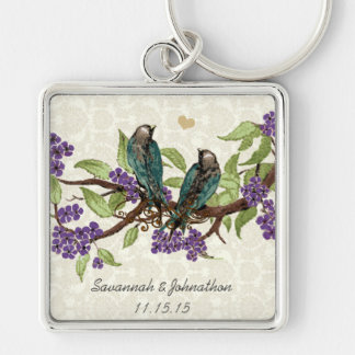 Vintage Grey Birds Yellow Flower Wedding Key Chain