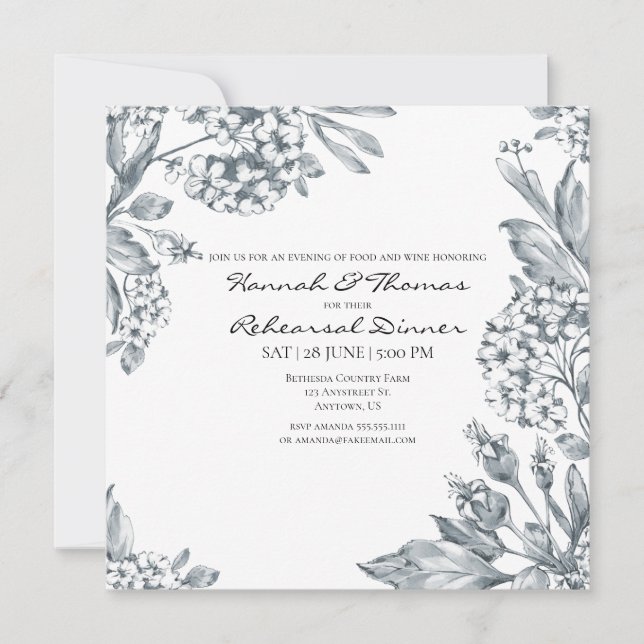 Vintage Grey Botanical Floral Rehearsal Dinner Invitation (Front)