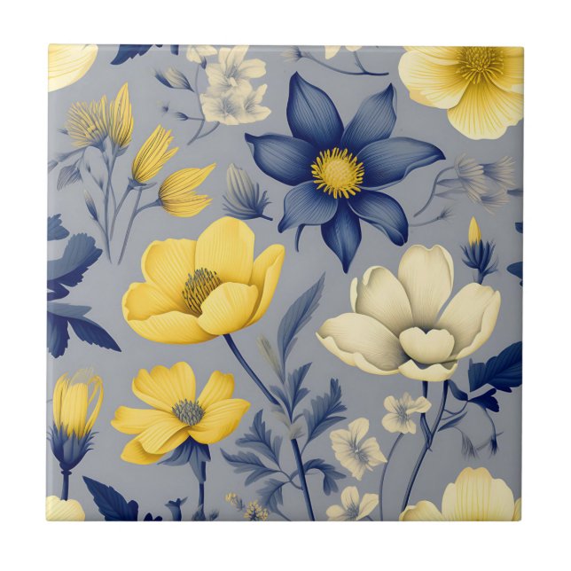 Vintage Grey Botanical with Yellow Floral Tile (Front)