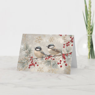 Vintage Grey Chickadees with Red Berries Card