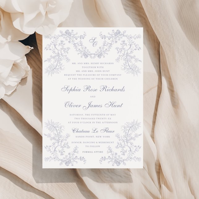 Vintage Grey Chinoiserie Monogram Wedding Invitation (Creator Uploaded)