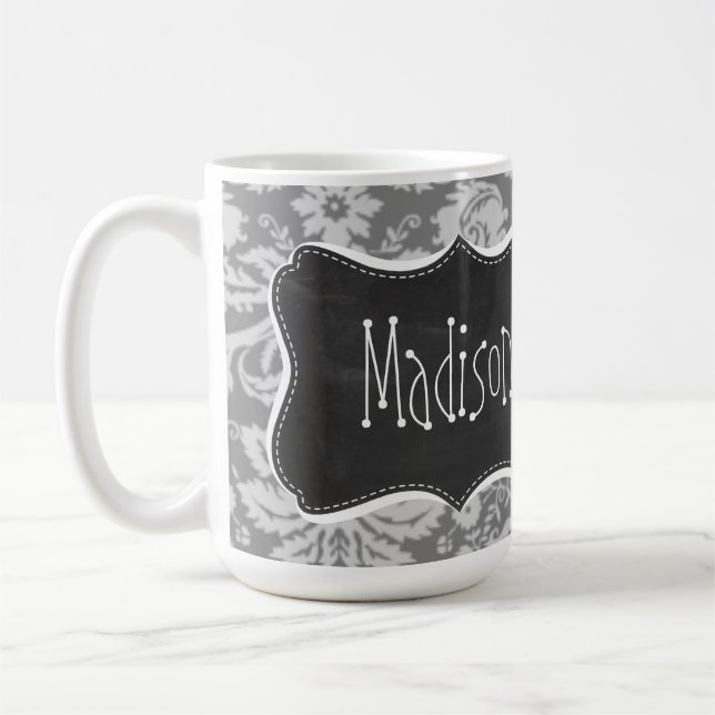 Vintage Grey Damask; Chalkboard look Coffee Mug (Left)