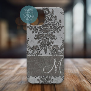 Vintage grey Damask Pattern with Monogram iPhone 15 Case