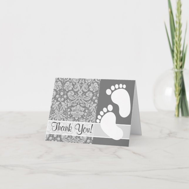 Vintage Grey Damask Thank You Card (Front)