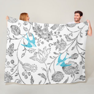 Vintage Grey Floral Aqua Blue Teal Vintage Birds Fleece Blanket