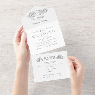 Vintage grey floral frame, initials white wedding all in one invitation