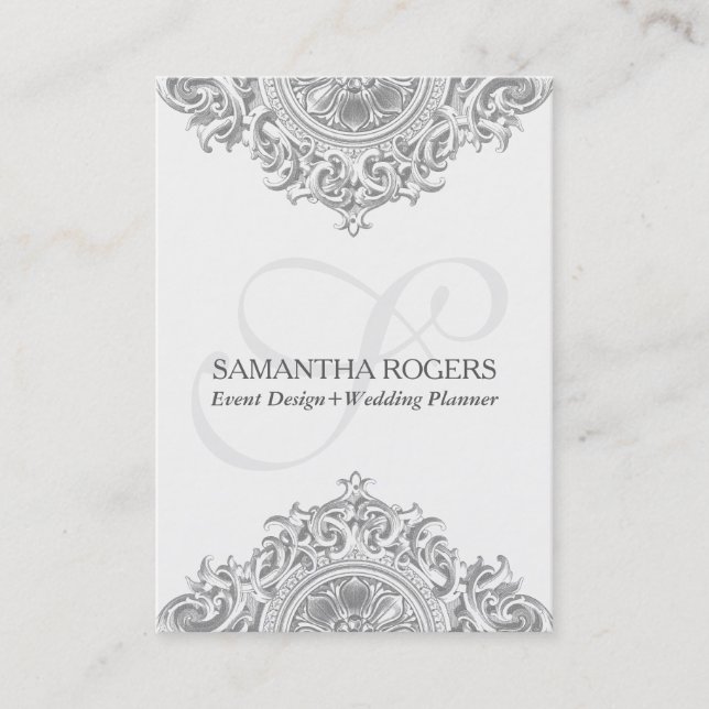 Vintage grey floral ornament business card (Front)