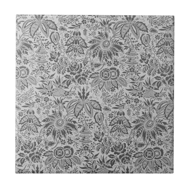 Vintage grey flowers floral pattern tile (Front)