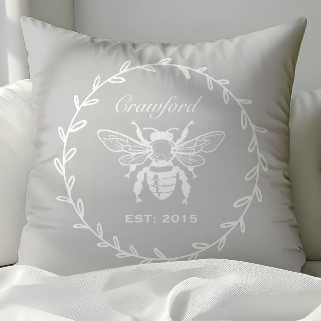 Vintage Grey Honey Bee Laurel Monogram Throw Pillow (Creator Uploaded)