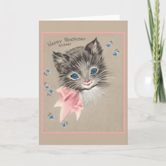 Vintage Grey Kitten Birthday Card (Front)