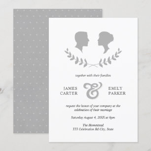 Vintage Grey Laurel Bride Groom Silhouette Wedding Invitation
